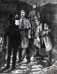 Írország helyzete: Rendőrjárőr kihív egy gyanúsítottat, a "The Illustrated London News"-ból, 1880 körül.